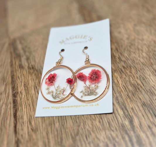 Pressed Flower Hoop Drop Earrings – Red