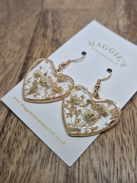Pressed Flower Heart Drop Earrings – Gold