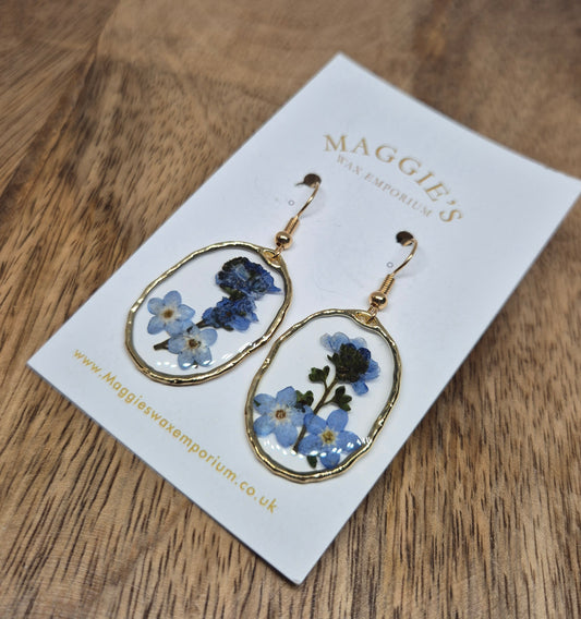 Oval Pressed Flower Drop Earrings – Blue