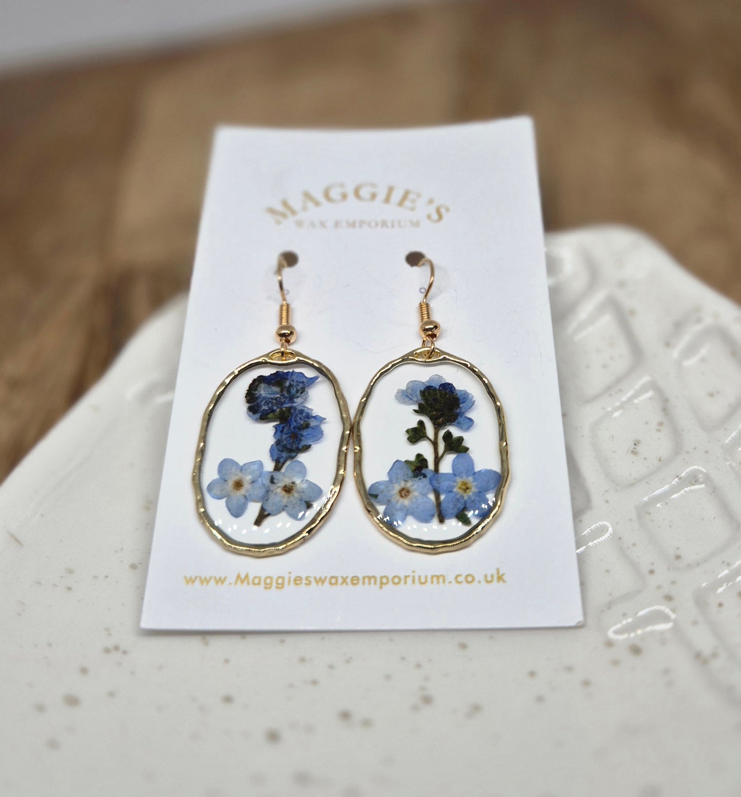 Oval Pressed Flower Drop Earrings – Blue