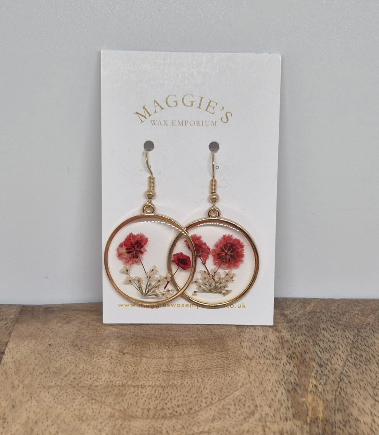 Pressed Flower Hoop Drop Earrings – Red