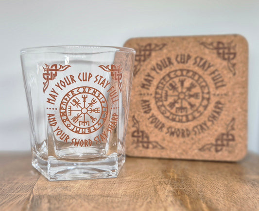 Viking Compass Lowball Drinking Glass with Coaster