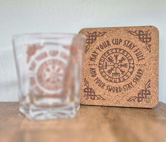Viking Compass Lowball Drinking Glass with Coaster