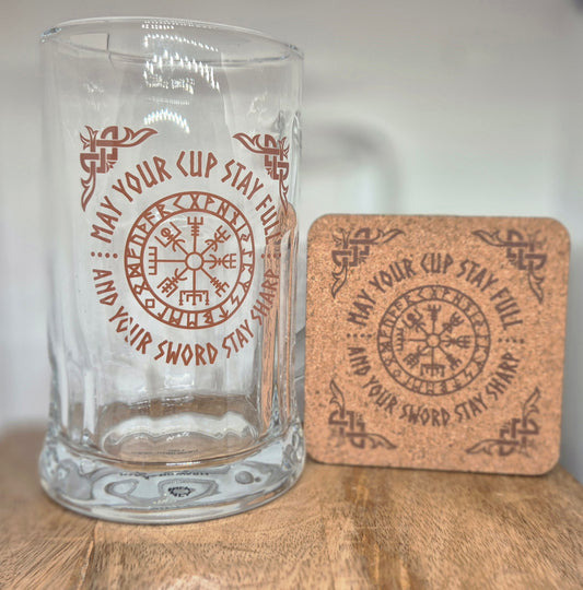 Viking Compass Glass Beer Tankard with Coaster
