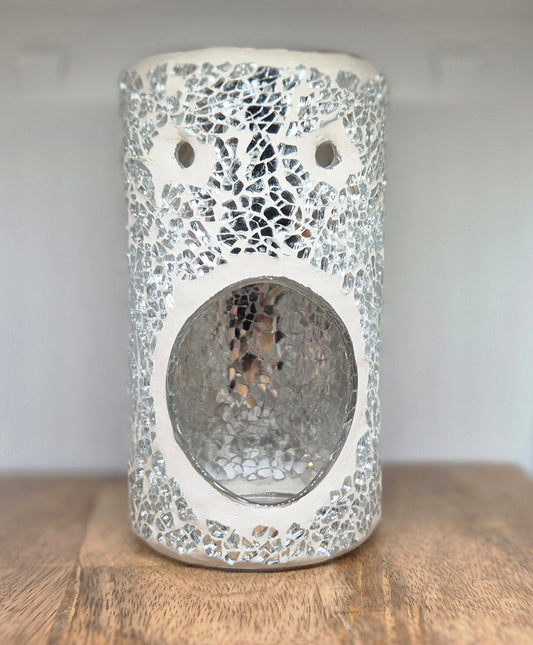 Cracked Glass Silver Pillar Wax/Oil Burner