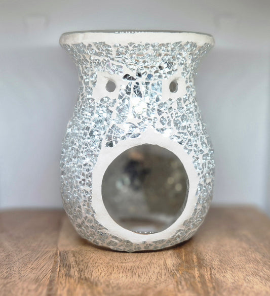 Large Silver Crackle Glass Oil Burner & Wax Warmer