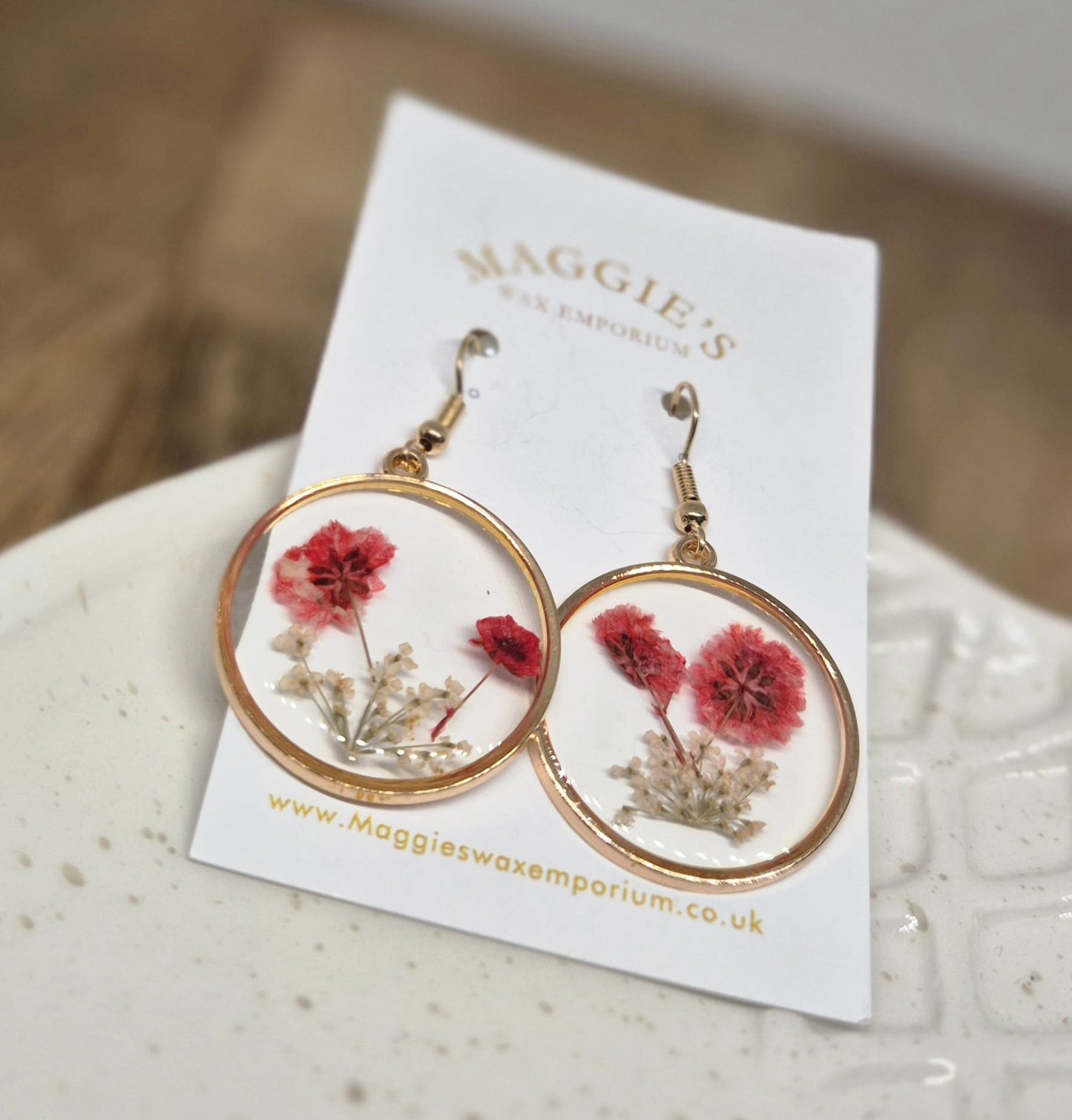 Pressed Flower Hoop Drop Earrings – Red