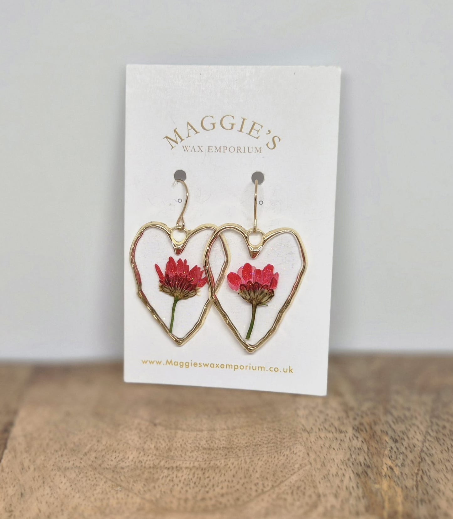 Pressed Flower Heart Drop Earrings – Red