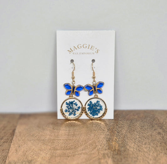 Pressed Flower Drop Earrings with Butterflies – Blue