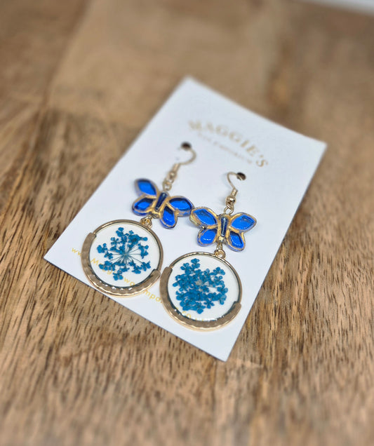 Pressed Flower Drop Earrings with Butterflies – Blue