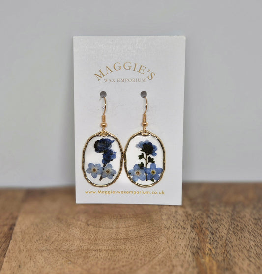 Oval Pressed Flower Drop Earrings  – Blue